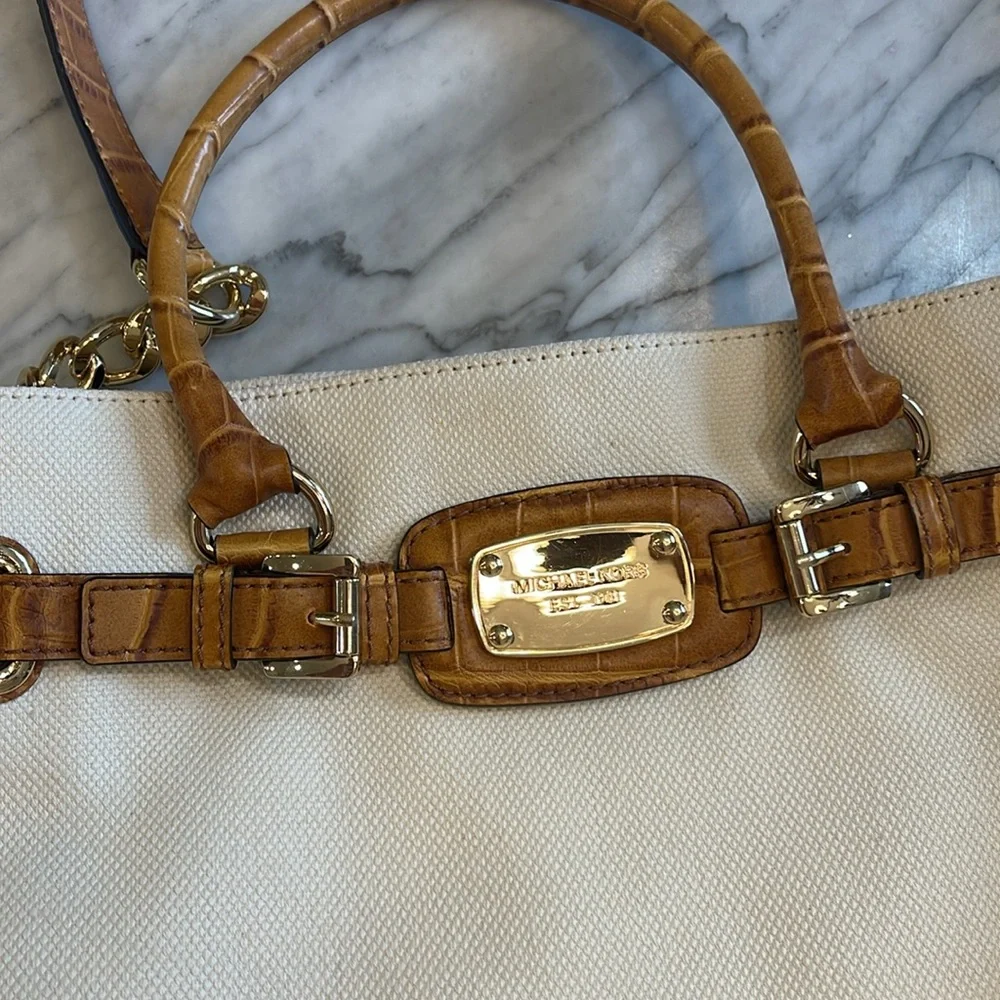 Michael Kors Hamilton Large Canvas Tote | Croc Embossed Leather Trim Cream